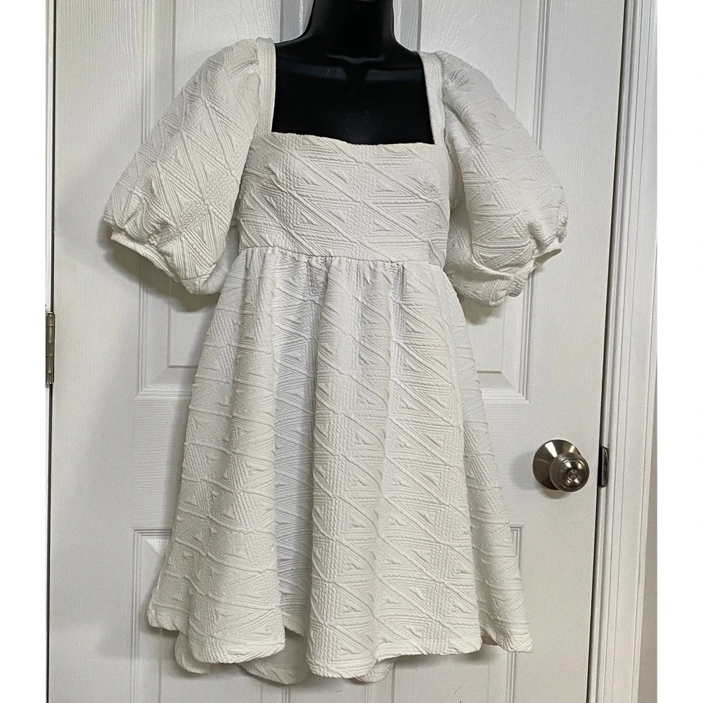 Free People Violet Mini Dress White Textured Puff Sleeve Tie Back XS